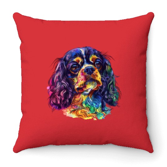 Colorful Cavalier King Charles Spaniel Portrait Throw Pillows