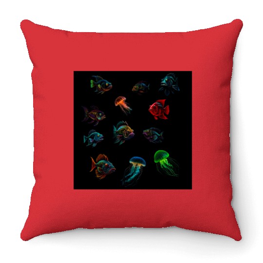 Deep Sea Fishes Bass And Jellyfish Throw Pillows