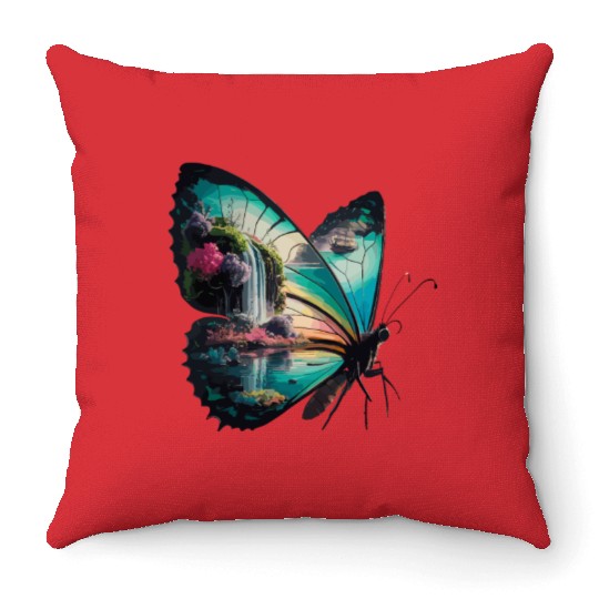 Vivid Butterfly Waterfall Nature Scene Throw Pillows