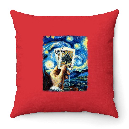 Blackjack Gambling Cards Starry Night Painting Throw Pillows