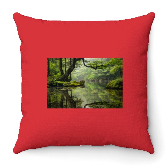 Autumn Leaves on Mossy Rock Cliff Edge Throw Pillows