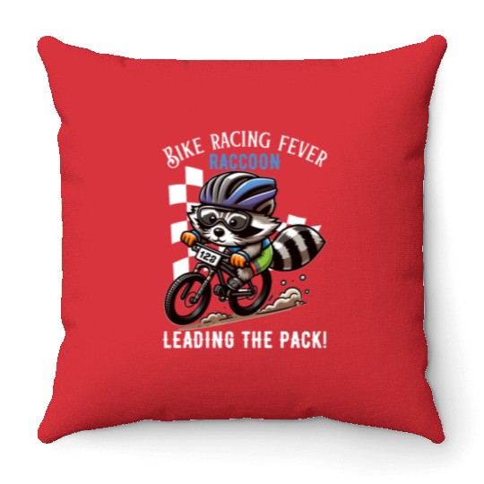 Raccoon Rides to Glory| bike racing fever raccoon Throw Pillows