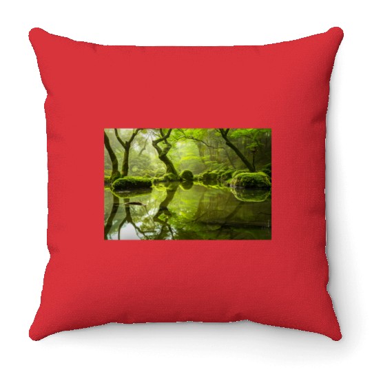 Enchanted Forest Reflections in Tranquil Pond Throw Pillows