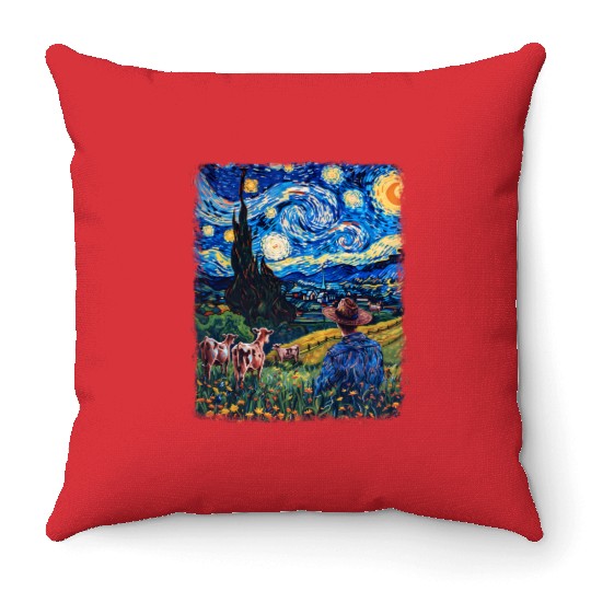 Cow Farmer Farming Farm Starry Night Painting Throw Pillows