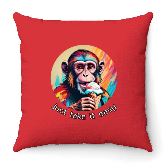 Monkey eating ice cream with a big smile Throw Pillows