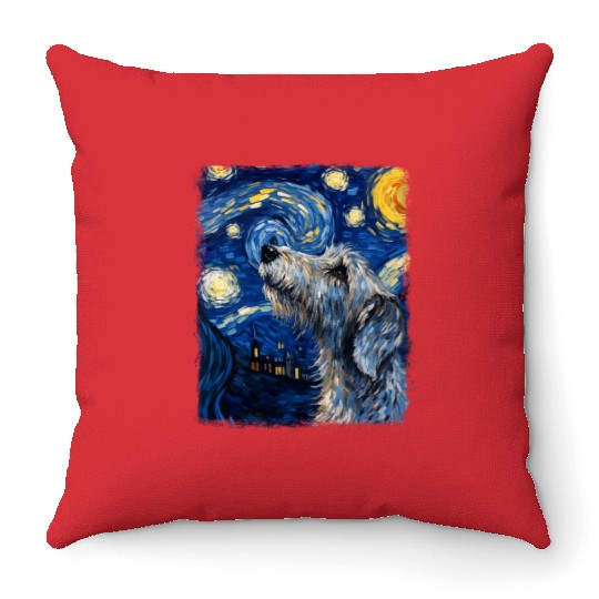Irish Wolfhound Dog Starry Night Painting Throw Pillows