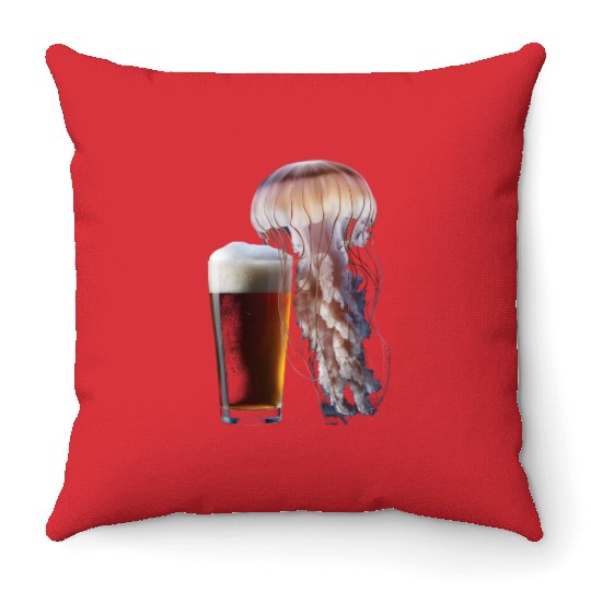 Jellyfish Drinking Beer Realistic Throw Pillows