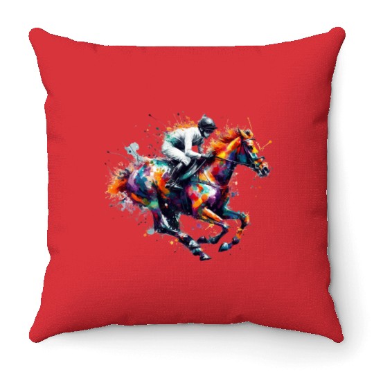 Horse Racing Boy Watercolor art Throw Pillows