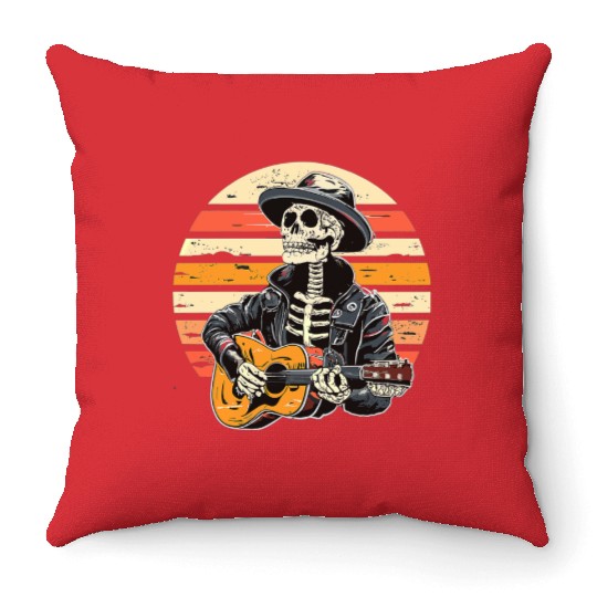 Halloween Skeleton Playing Guitar Rock And Roll Throw Pillows