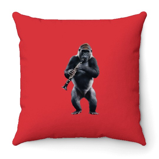 Gorilla Playing Clarinet Realistic Throw Pillows