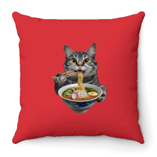 Cat Eating Ramen Realistic Throw Pillows