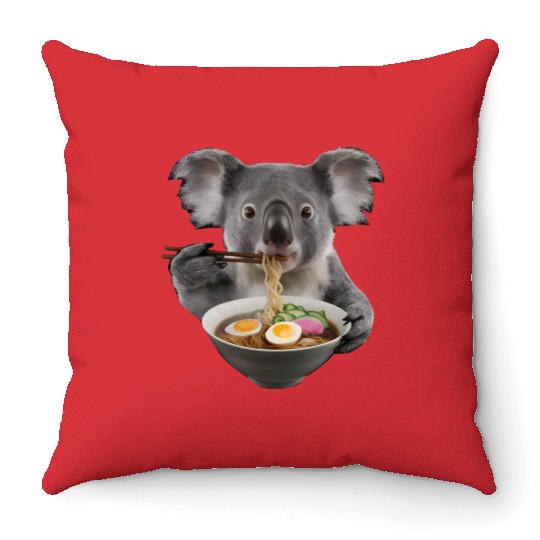 Koala Eating Ramen Realistic Throw Pillows
