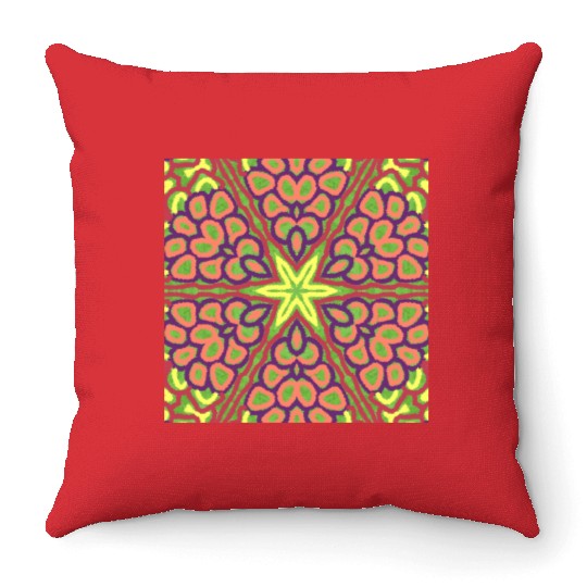 yellow orange red green purple mandala Throw Pillows