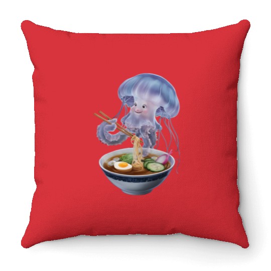 Jellyfish Eating Ramen Realistic Throw Pillows