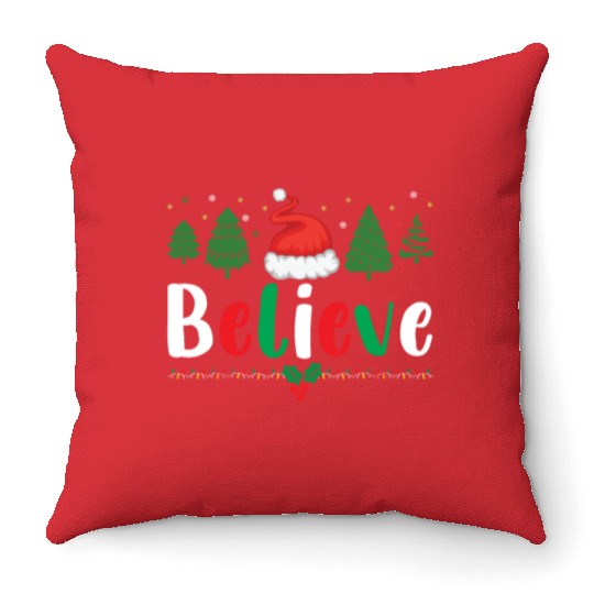 Merry Christmas Believe Santa Claus Hat Xmas Tree Throw Pillows