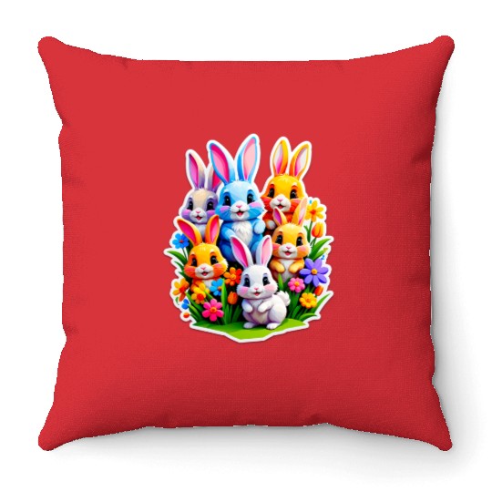 Colorful Spring Celebration with Cute Bunnies Throw Pillows