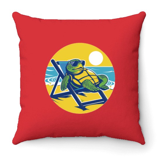 Sea Turtle Chillin on the Beach Throw Pillows