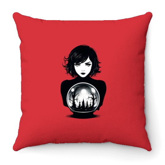 Witchy Woman Gazing into a Crystal Ball Throw Pillows
