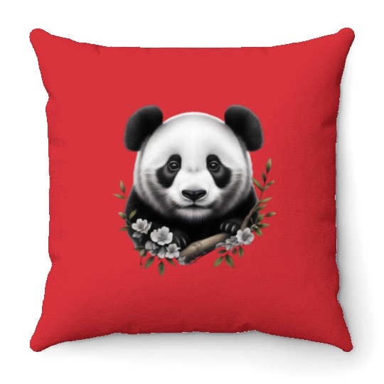 Cute Panda with Flowers Throw Pillows