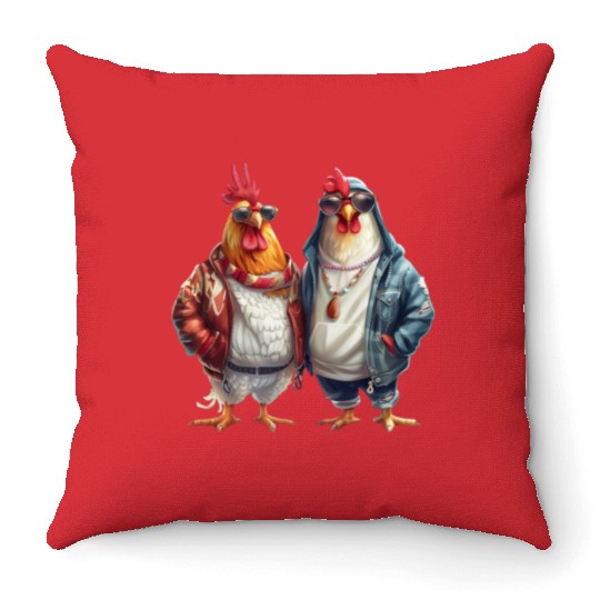 Streetwear-dressed chickens looking Throw Pillows
