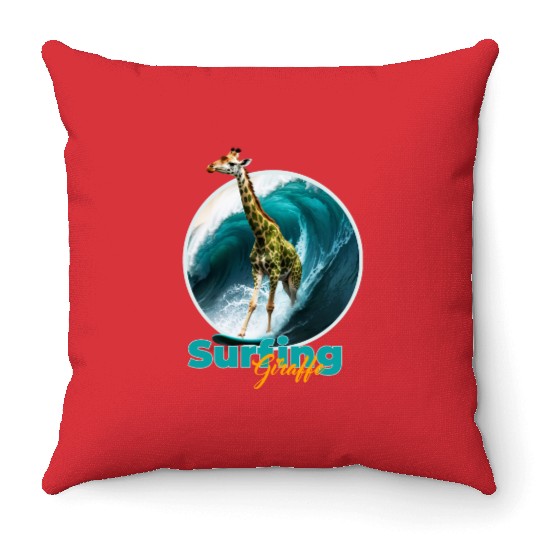 Surfing Giraffe in a Storm Throw Pillows