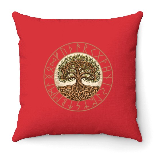 Viking runes tree of Life round frame celtic Throw Pillows