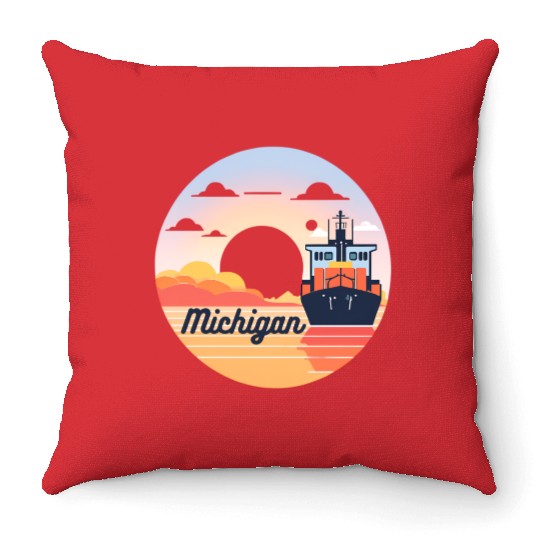 Michigan Boat with Sunset Throw Pillows