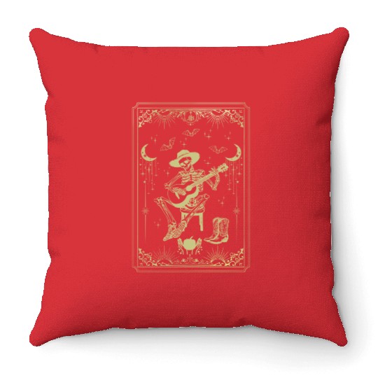 Tarot Card Celestial Cowboy Skeleton Plays Guitar Throw Pillows