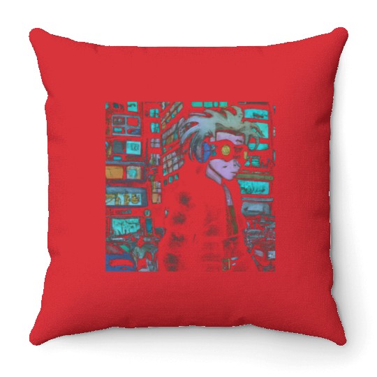 Cyberpunk Street Wanderer with Futuristic Goggles Throw Pillows