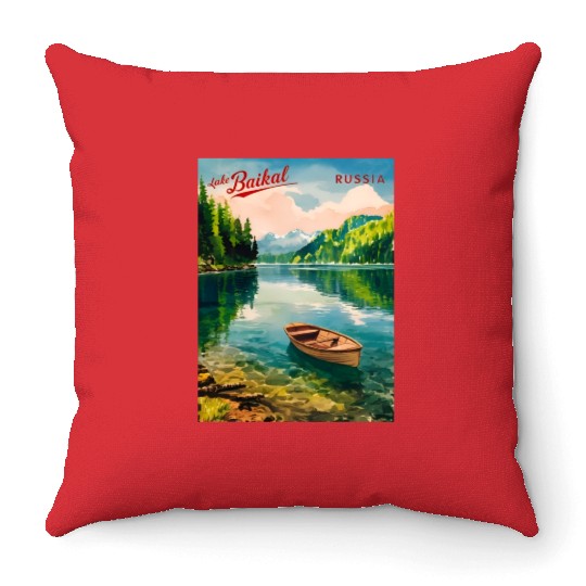 Vintage Travel Lake Baikal Russia Retro Scenic Throw Pillows