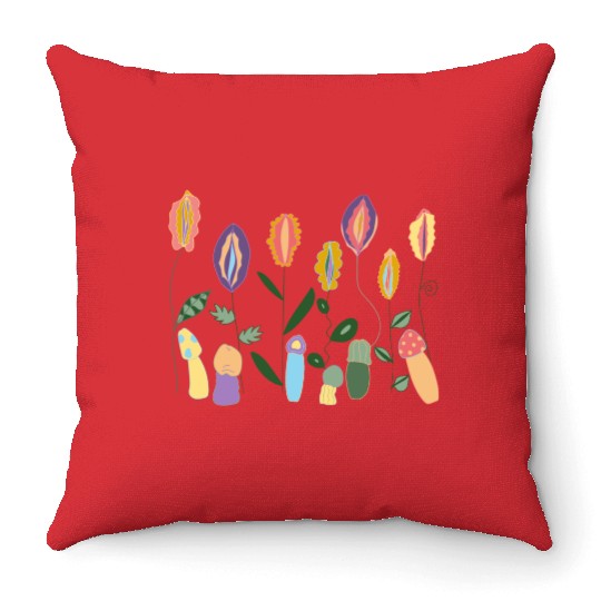 Flower Meadow with Mushrooms. Body Positivity. Throw Pillows