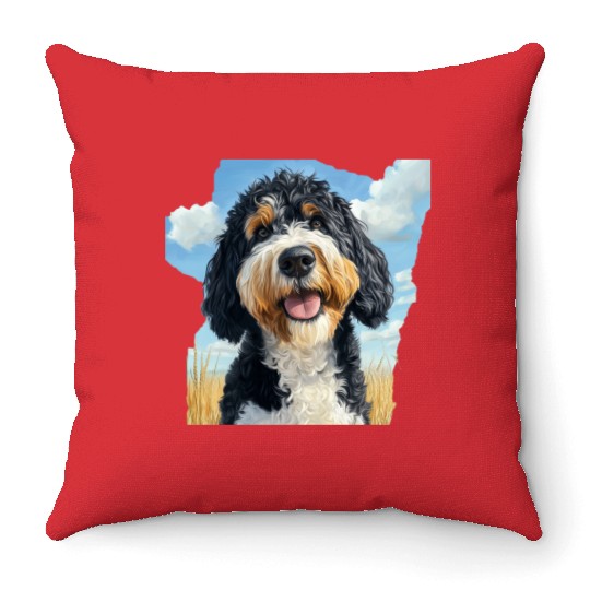 Bernedoodle Field Nature Bernedoodle Watercolor Throw Pillows