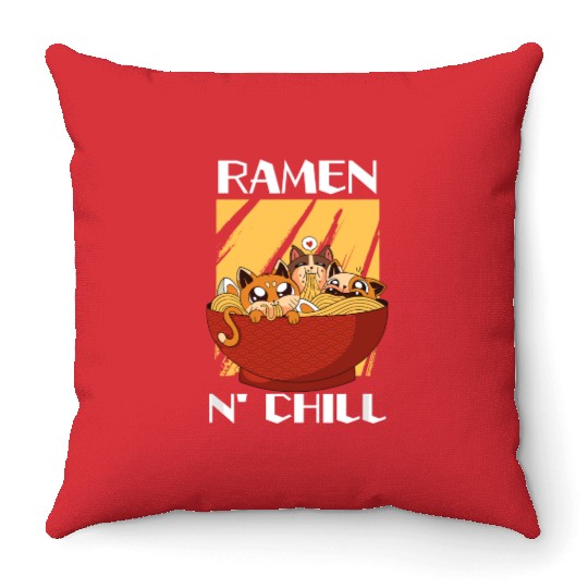 Cute Kawaii Cat Ramen Bowl Japanese Noodle Soup Throw Pillows