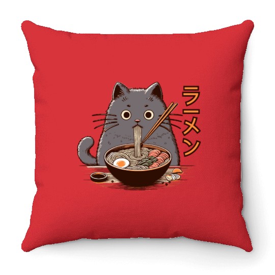 Japanese Cat Eating Ramen Throw Pillows