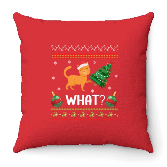 Cat What Funny Black Cat Pushing Christmas Tree Throw Pillows