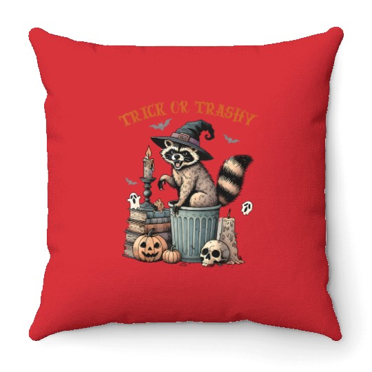 Trick Or Trashy Funny Raccon Halloween Throw Pillows