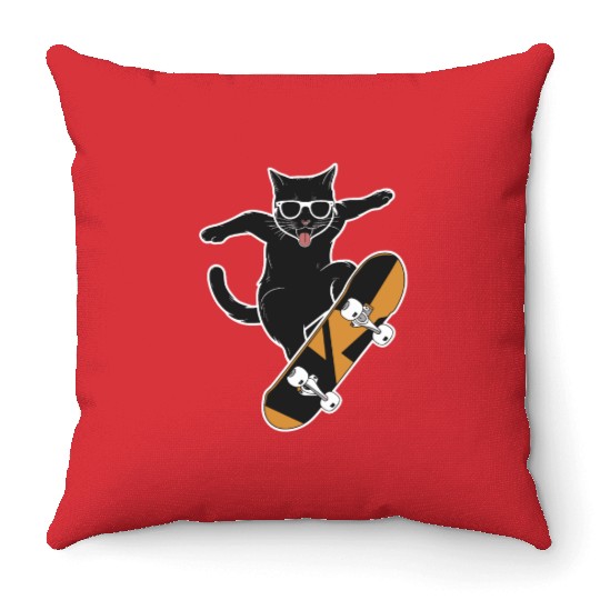 Cat Wearing Sunglasses Skateboarding Magic Throw Pillows