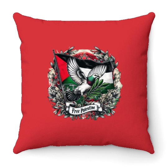 Pigeon holding olive's leaf free Palestine Flag Throw Pillows