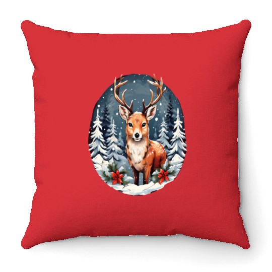 Christmas Deer with Poinsettia and Snow Throw Pillows