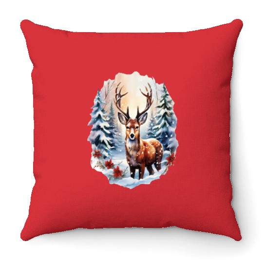 Christmas Deer with Poinsettia and Snow Throw Pillows