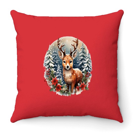 Christmas Deer with Poinsettia and Snow Throw Pillows