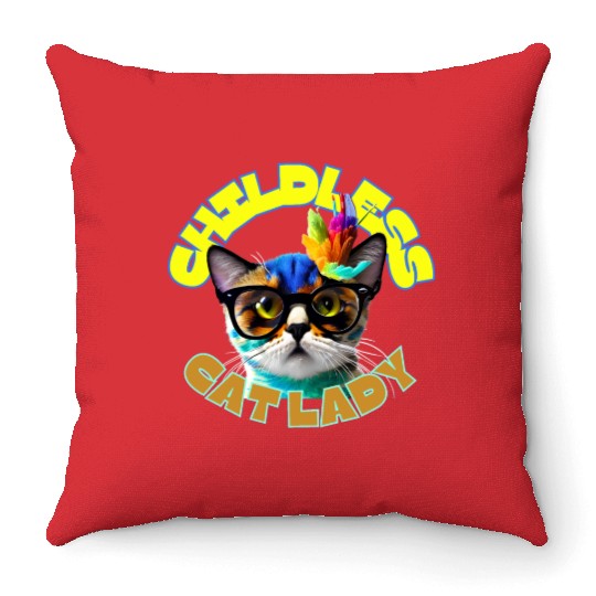 Colorful Cat with Glasses - Childless Cat Lady Throw Pillows