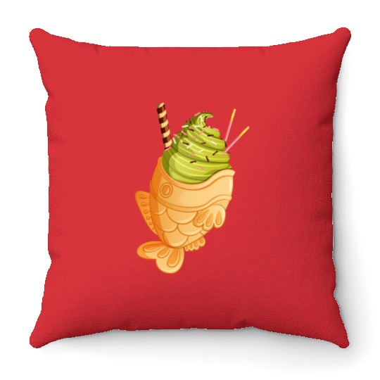 Matcha Taiyaki Ice Cream with Pocky & Wafer Roll Throw Pillows