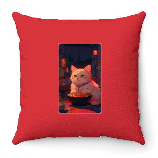 Anime Cute Cat Eating Ramen Throw Pillows