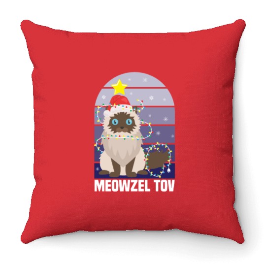 Meowzel Tov Hanukkah Black Cat Christmas Lights Throw Pillows