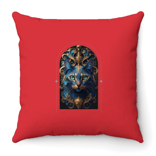 Elegant stylish blue and gold cat face Throw Pillows