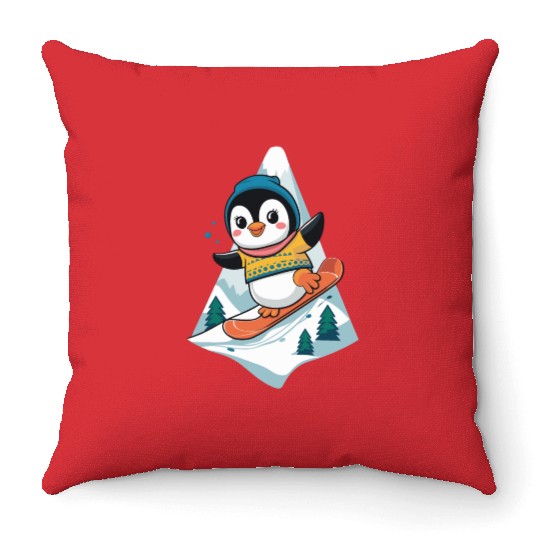 Cute Snowboarding Penguin Adventure Throw Pillows