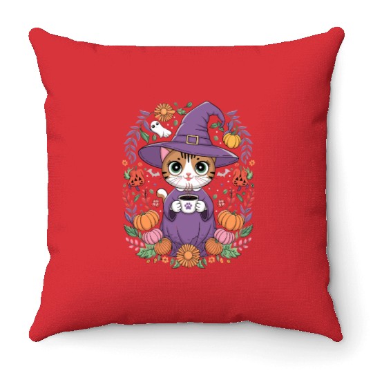 Halloween Cute Witch Cat with Coffee Mug Throw Pillows
