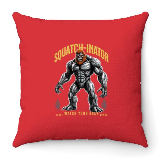 Retro Bigfoot Design, Sasquatch Robot Graphic Throw Pillows