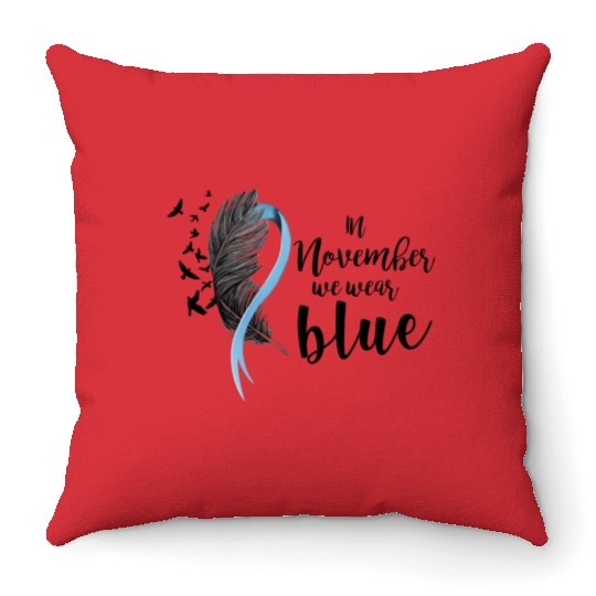 In November We Wear Blue Ribbon Throw Pillows